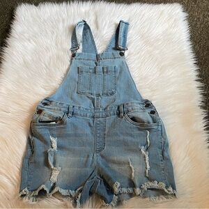 Venus Bib Shorts Women’s Size 10 Distressed‎ Blue Medium Light Wash Cutoffs